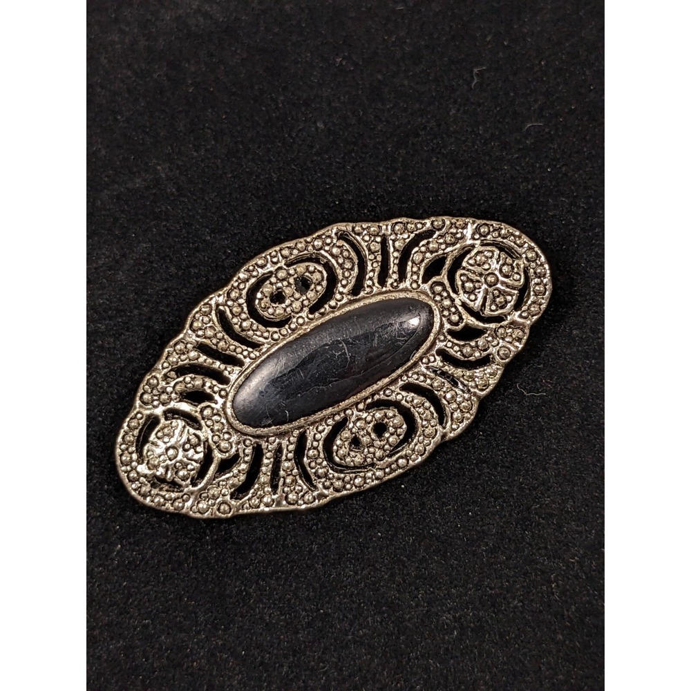 Vintage Silver Tone Open Work Victorian Style Black Enamel Oval Pin Brooch‎